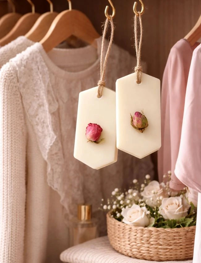 Scented soy wax wardrobe hanger displayed beside clothing