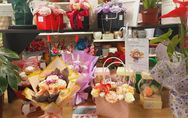 AuraBliss wholesale wax flower gifts displayed at Gardener's Choice in Navan