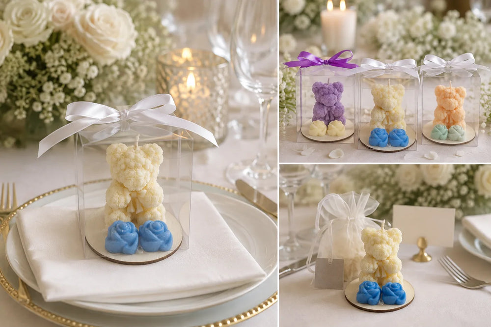 Floral wax wedding favour gift in gift-ready presentation at an elegant wedding table