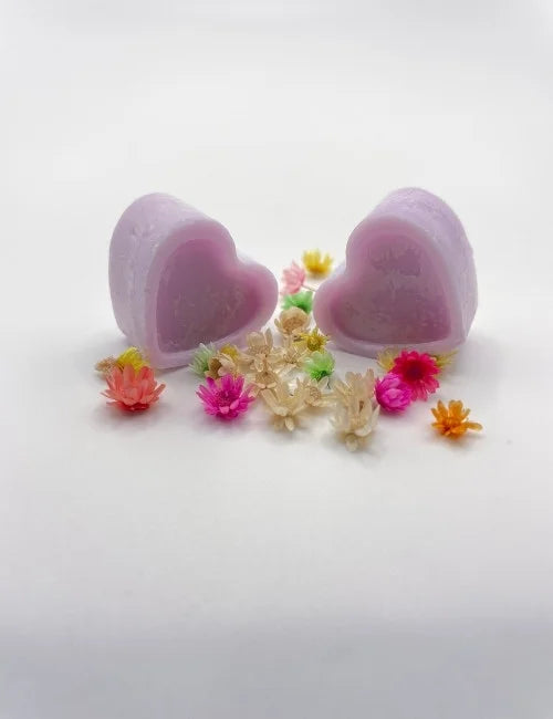 Lavender-coloured heart-shaped soy wax melts