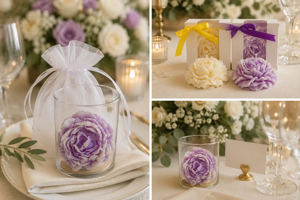 Peony shaped candle wedding favour styled on an elegant reception table