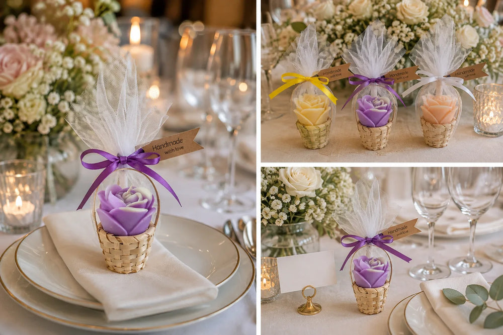 Rose candle wedding favour in a small woven basket with ribbon at a wedding place setting