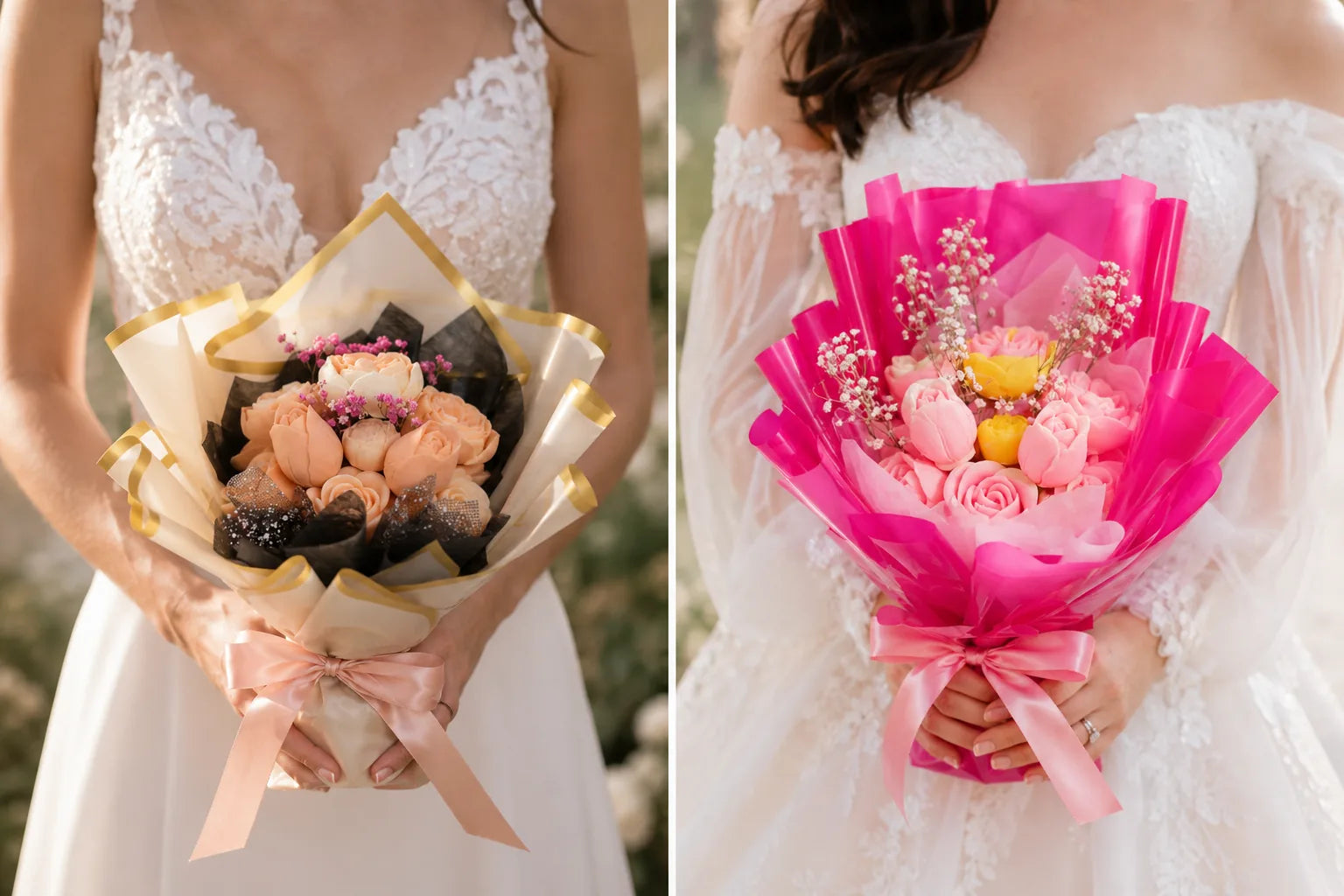 Bride holding handcrafted AuraBliss wax flower wedding bouquets