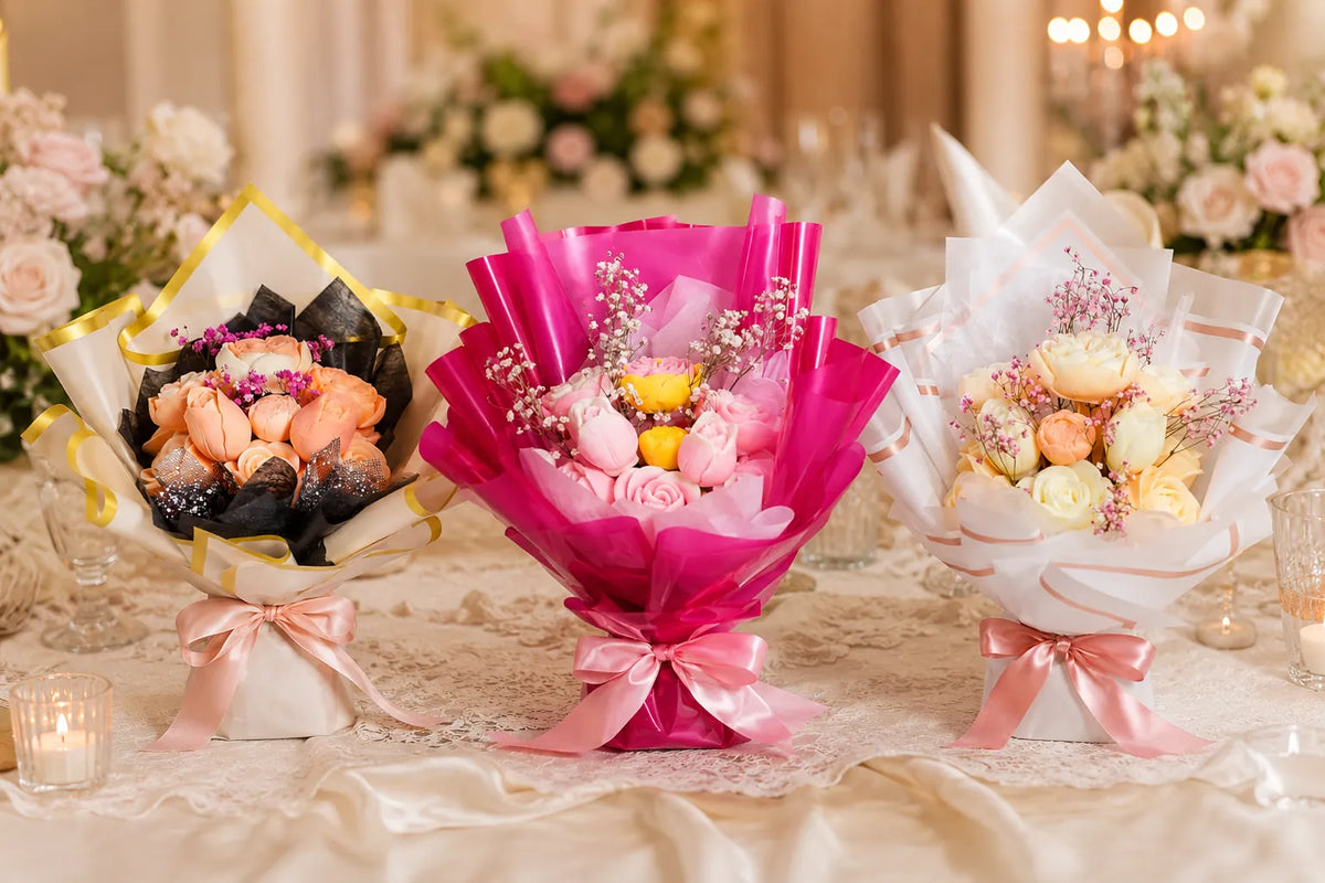 Handcrafted wax flower wedding bouquets styled by candlelight at an elegant reception