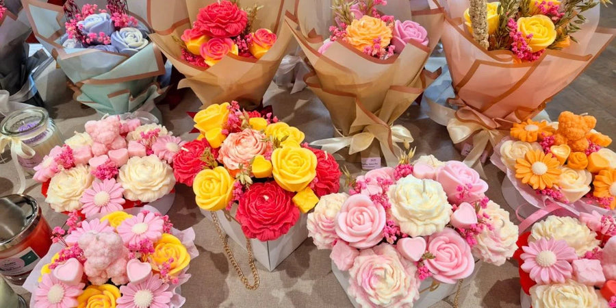 Handmade soy wax candle bouquets in vibrant colours, perfect birthday gift idea for her