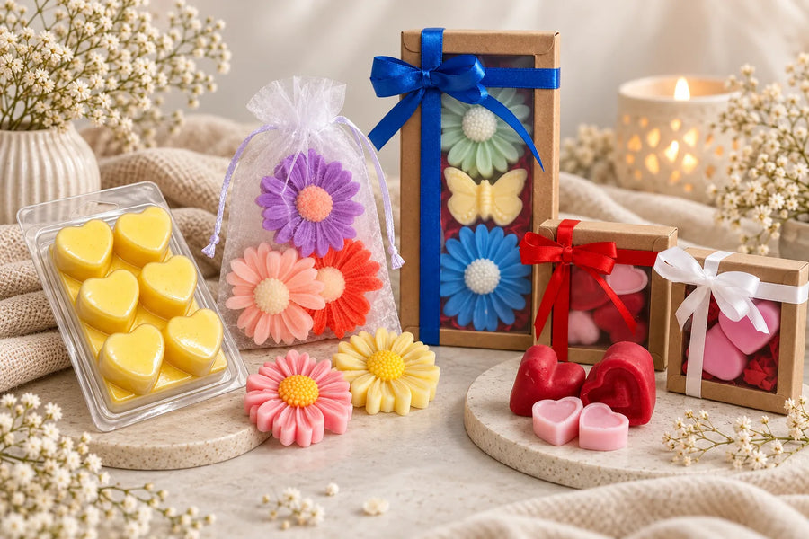 AuraBliss wax melt gift sets with colourful floral and heart-shaped melts