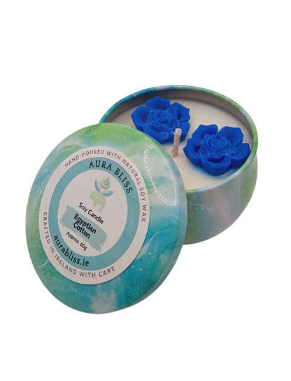 Egyptian Cotton soy candle in decorative tin with blue rose wax flowers