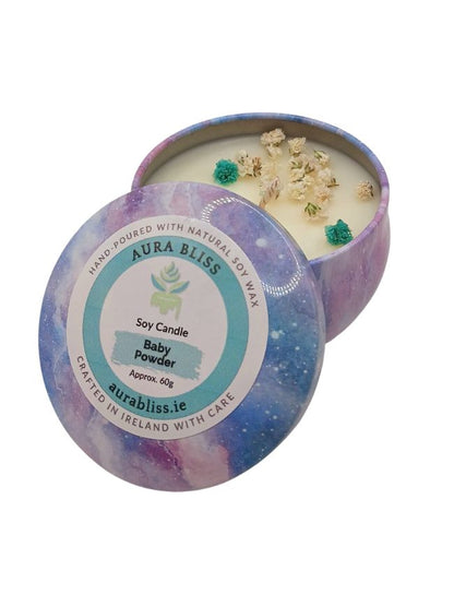 Aura Bliss Baby Powder soy candle in decorative tin with dried flowers