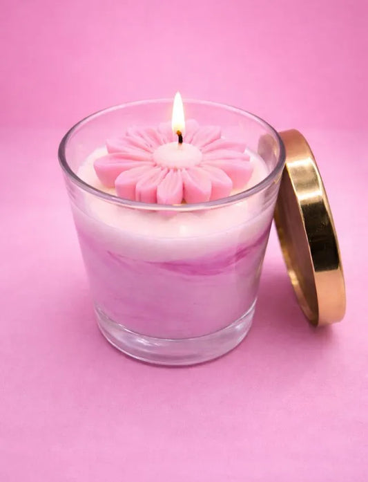 Stellar Romance Velvet Peach Blossom soy candle with floral wax detail