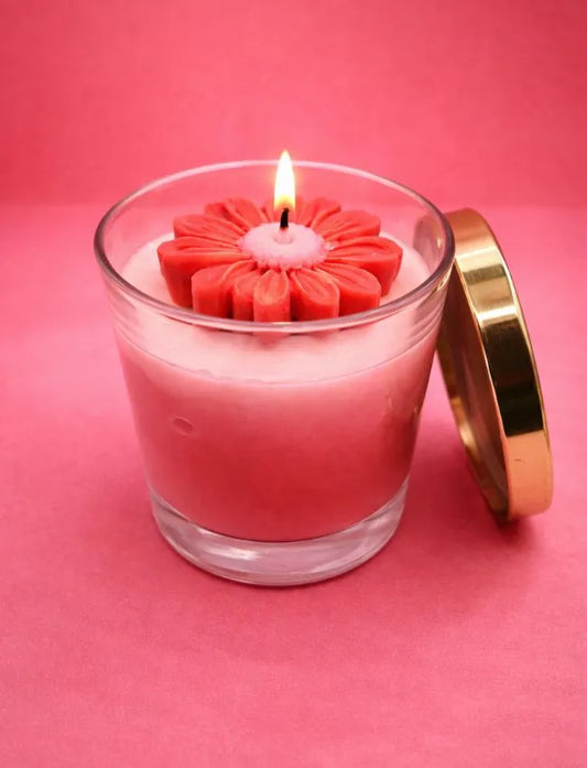 Golden Glow Good Girl soy candle with floral wax detail