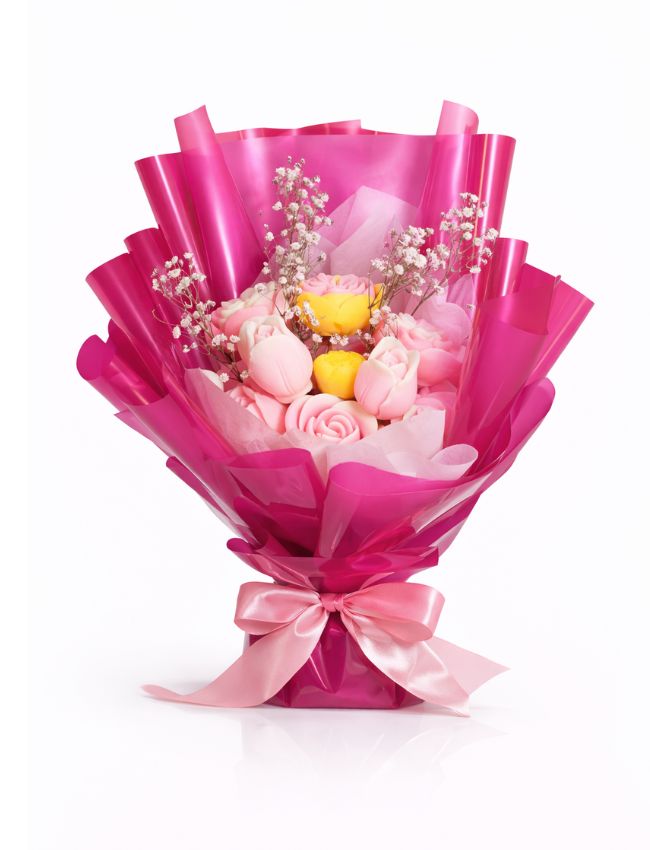 Pink Delight wrapped wax flower bouquet with satin ribbon