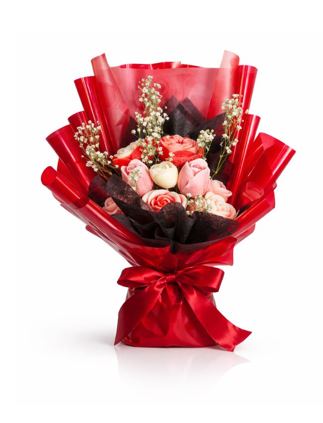 Red Romantic wrapped wax flower bouquet gift