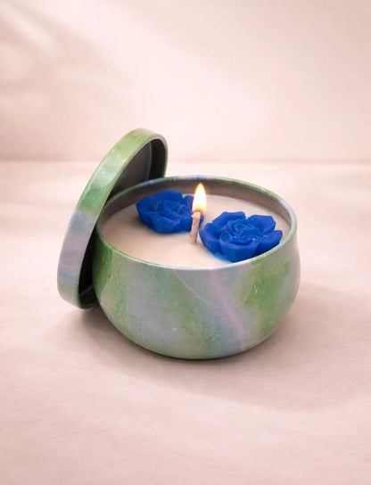 Azure Bloom Egyptian Cotton soy candle in green marbled tin
