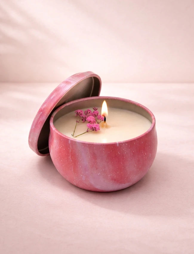 AuraBliss marbled tin soy candle