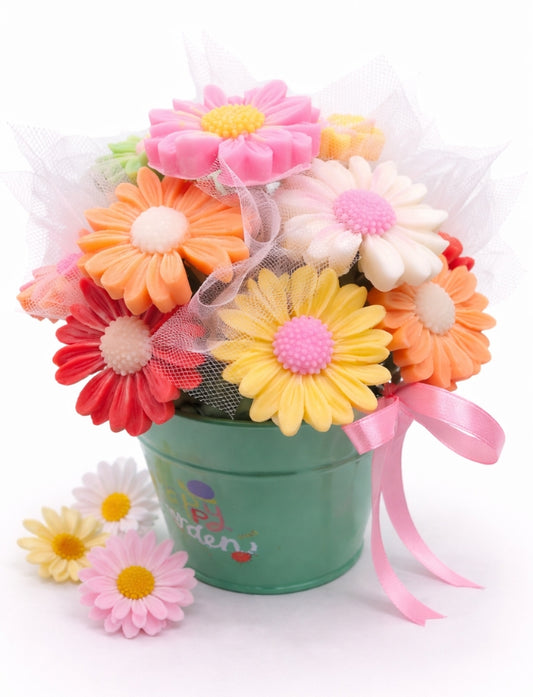 Colourful Spring Daisy wax melt bouquet in decorative green pot