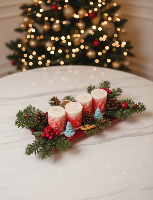 Festive candle centrepiece with greenery, berries and dried orange