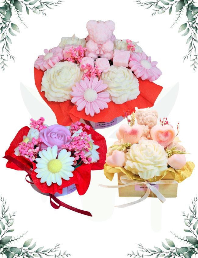 Three handcrafted soy wax flower candle bouquets in pastel shades