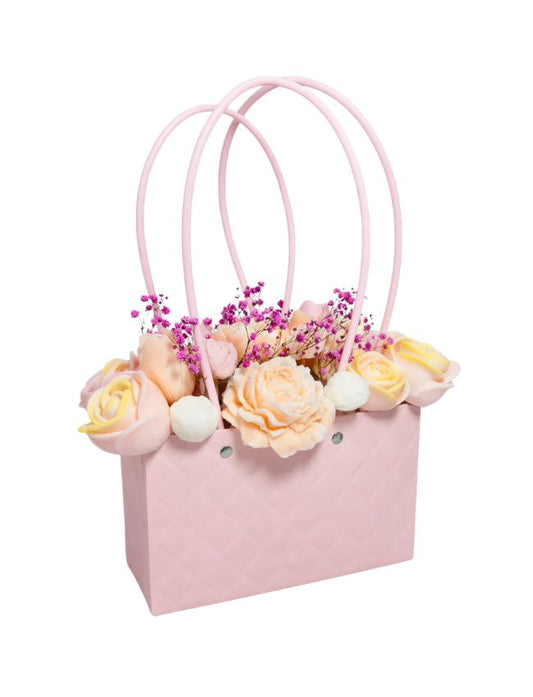 Soft pink wax flower purse bouquet handmade in Ireland