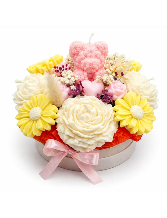 Luxury teddy bear wax flower bouquet in white gift box