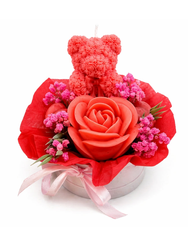 Sweet Mini wax flower gift box with red rose and teddy bear candle
