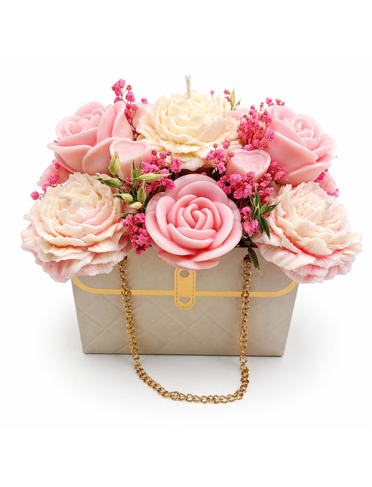 Luxury wax flower bouquet in cream handbag-style gift box