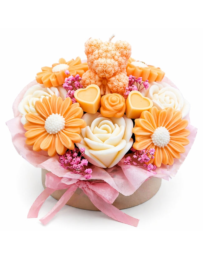 Petite teddy bear wax flower bouquet with orange and cream wax flowers