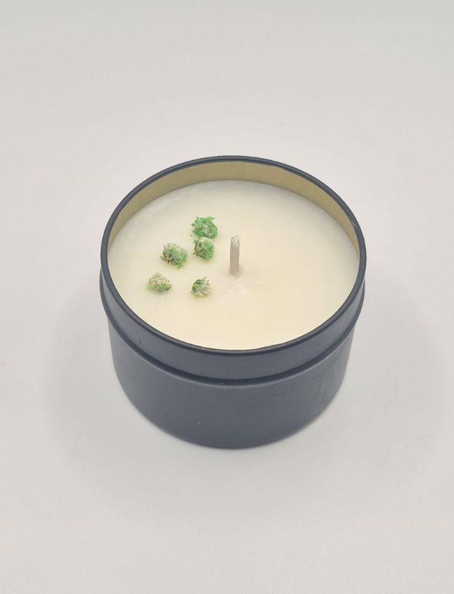 Fresh Focus candle with peppermint and eucalyptus wax botanical details.