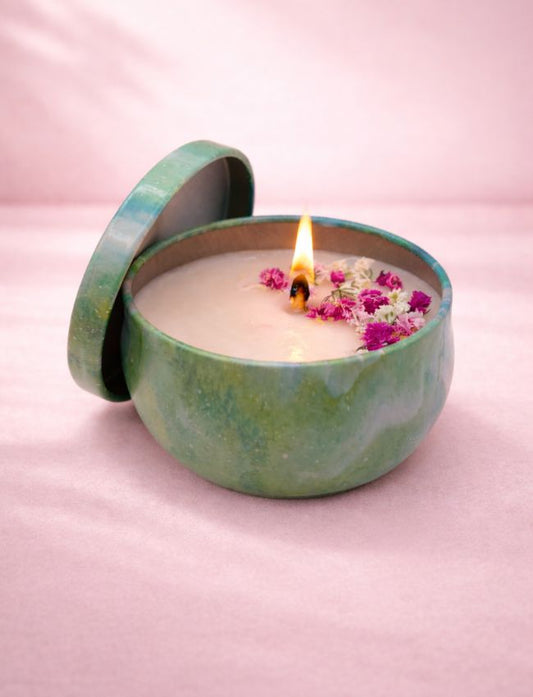 Golden Meadow Lemongrass and Ginger soy candle in marbled tin