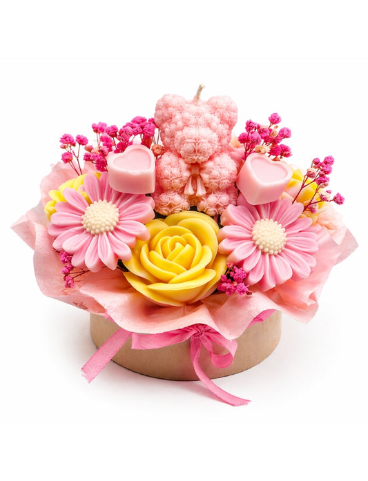 Petite teddy bear wax flower bouquet with pink and yellow wax flowers