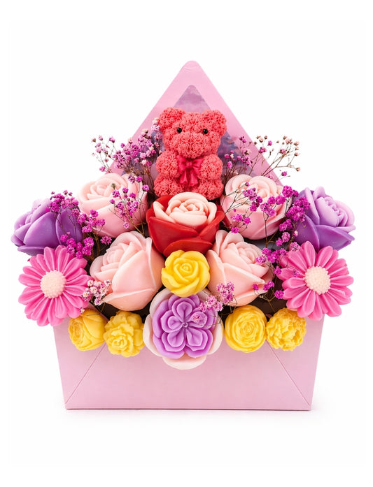 Teddy bear wax melt gift box in pink envelope-style presentation