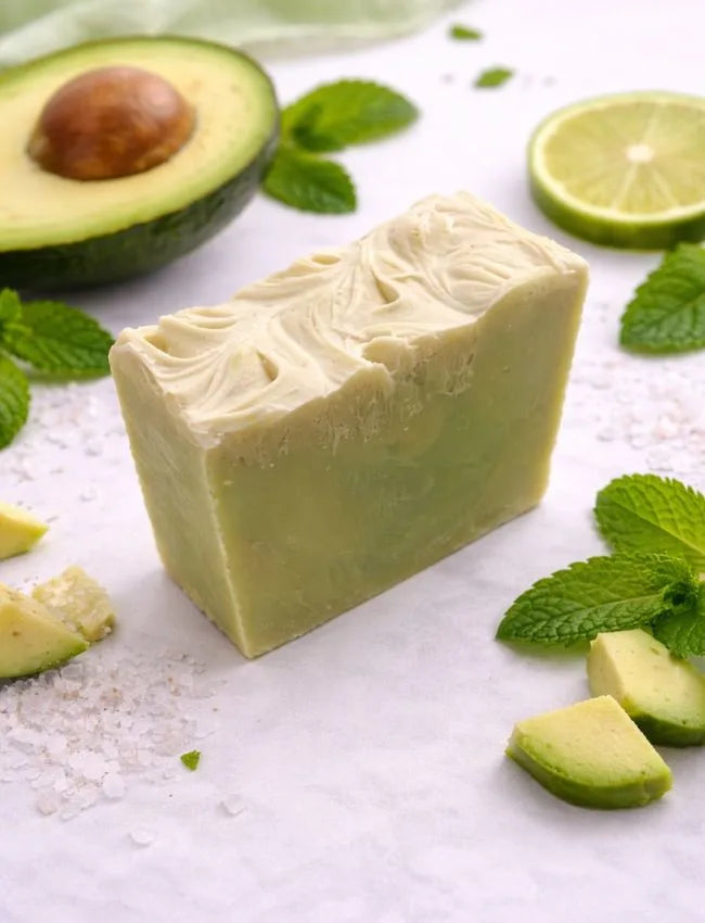 Green soap bar with avocado and lime slices on a white background