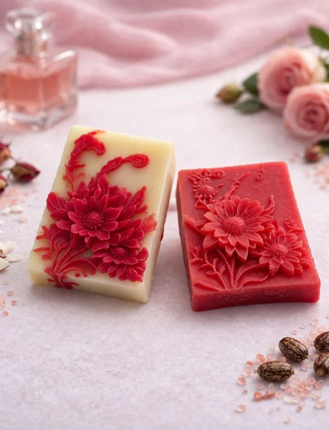 Two floral soap bars on a light surface with a pink cloth and flowers in the background.