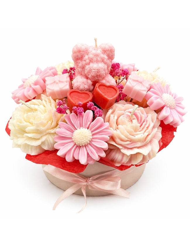 Teddy bear wax flower bouquet with pastel floral wax pieces