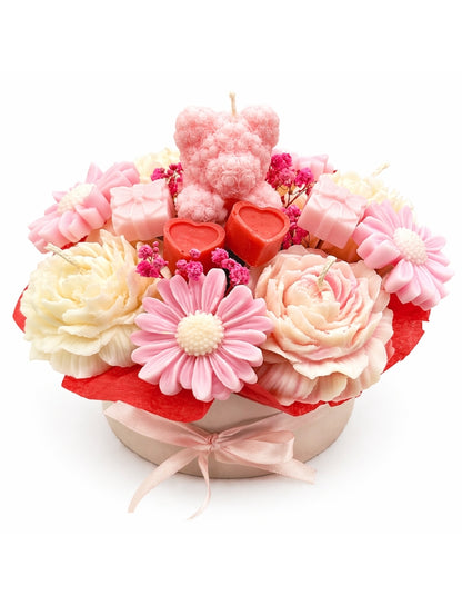 Teddy bear wax flower bouquet with pastel floral wax pieces