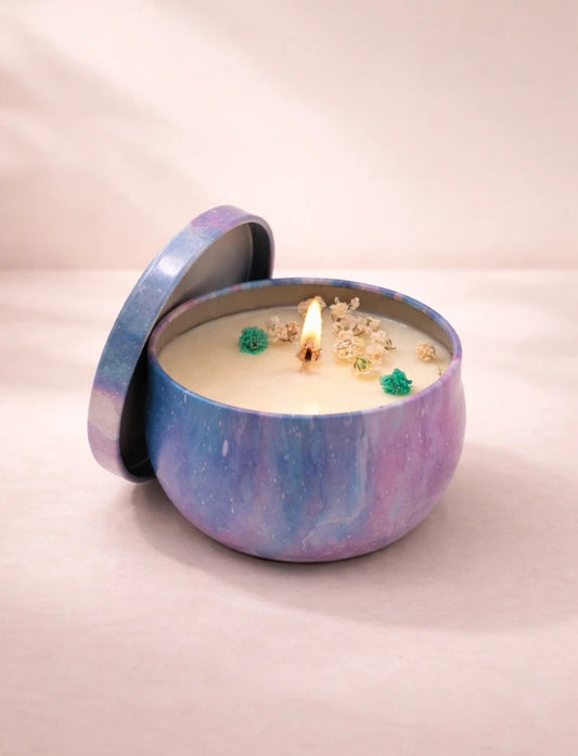 Powdered Skies Baby Powder soy candle in marbled tin