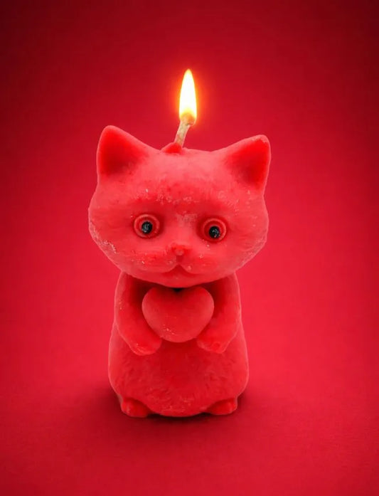 Red Sweet Heart Cat soy wax candle holding a heart
