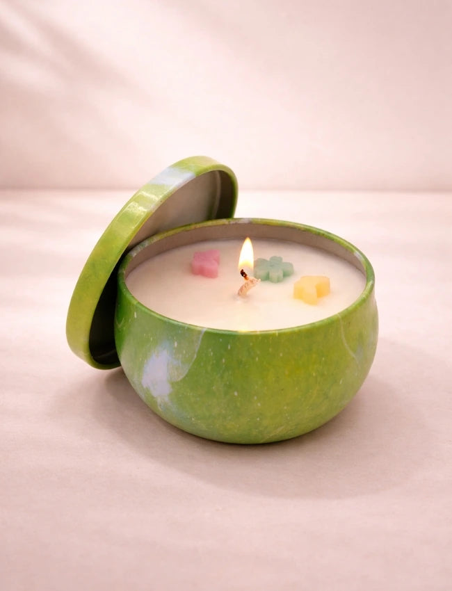 Secret Bloom Secret Garden soy candle in green marbled tin