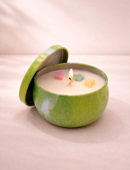 Secret Bloom Secret Garden soy candle in green marbled tin