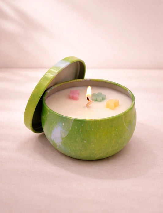 Secret Bloom Secret Garden soy candle in green marbled tin