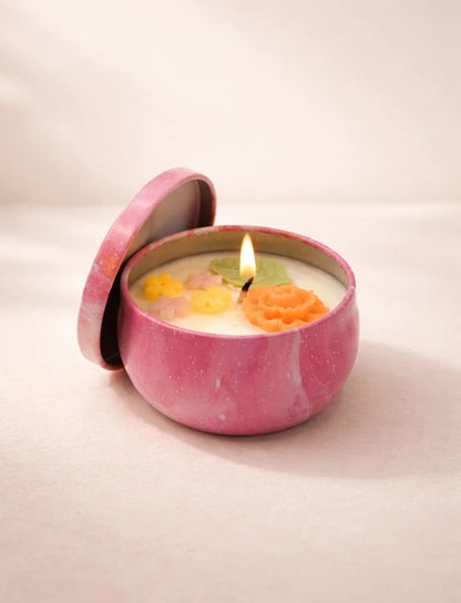 Sunlit Bloom Sweet Citrus Joy soy candle in pink marbled tin