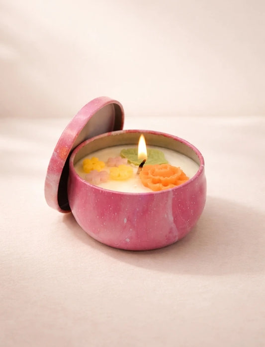 Sunlit Bloom Sweet Citrus Joy soy candle in pink marbled tin