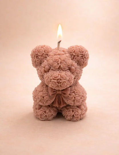 Teddy bear soy wax candle with floral detail