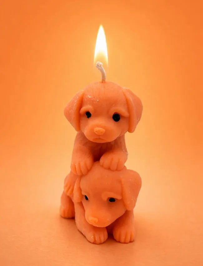 Playful Puppy soy wax candle with two puppy figures
