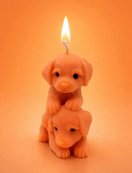 Playful Puppy soy wax candle with two puppy figures