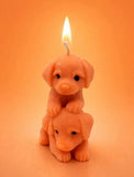 Handcrafted two puppies soy wax candle by Aura Bliss with a lit wick on a warm orange background