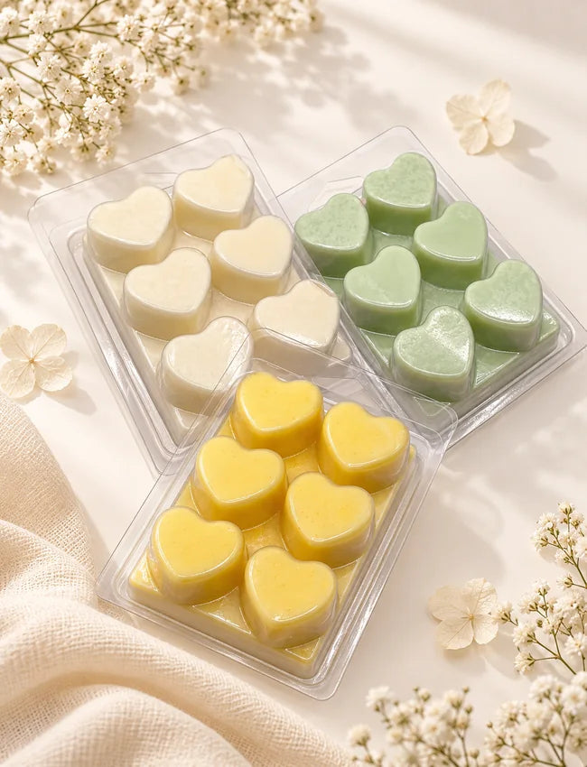 AuraBliss 6 Heart Soy Wax Melts in assorted colours and clear clamshell packs