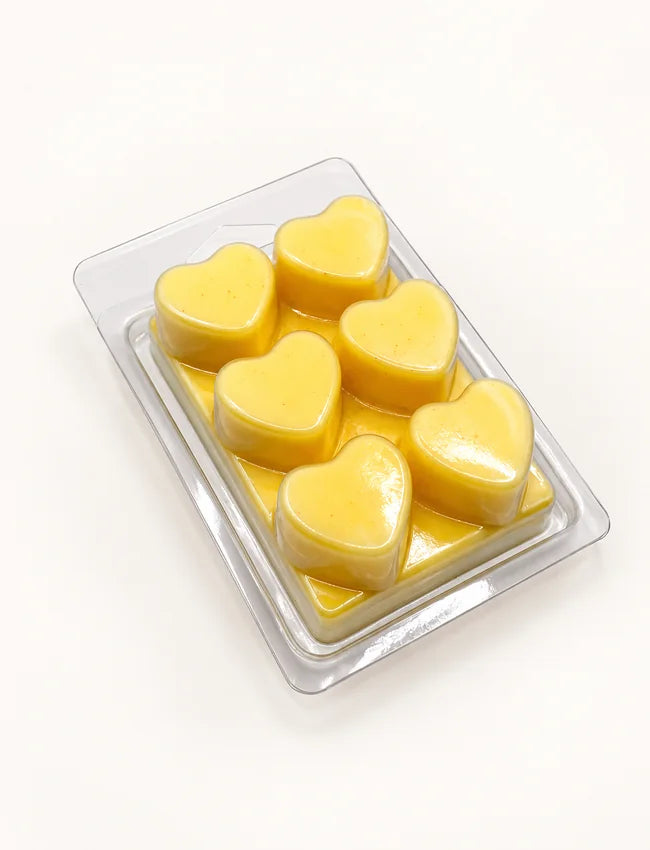 Yellow 6 Heart Soy Wax Melts in clear clamshell pack