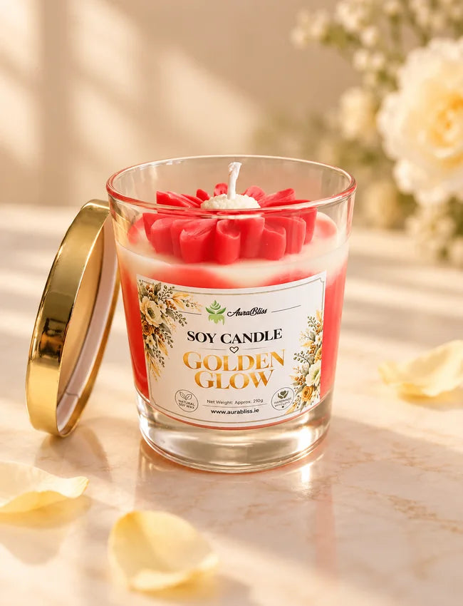 AuraBliss golden glow open jar candle and floral wax topper