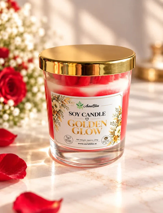 AuraBliss golden glow handmade decorative soy candle in glass jar