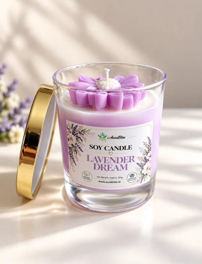 AuraBliss lavender dream open jar candle and floral wax topper